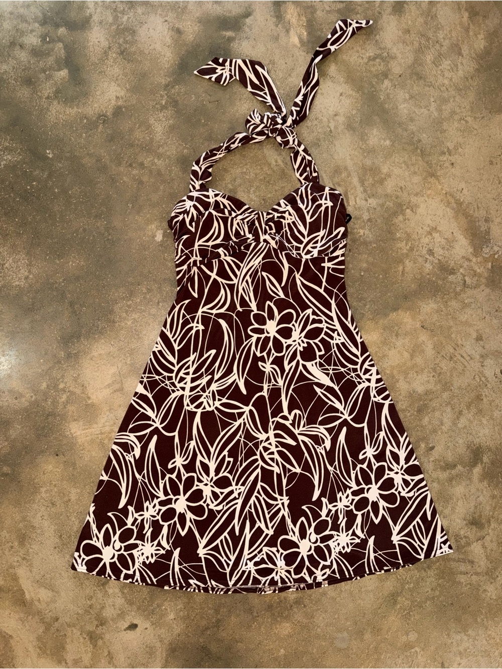 City Triangles Brown Cream Floral Halter Mini Dress Y2K Boho Cottage M (S Fit)